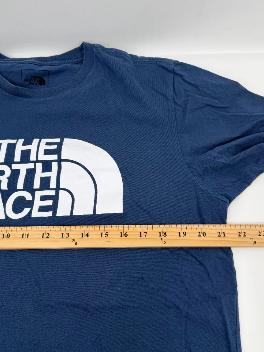 North Face T Shirt Men Large Blue Short Sleeve Cotton Crew Neck Logo Spell Out